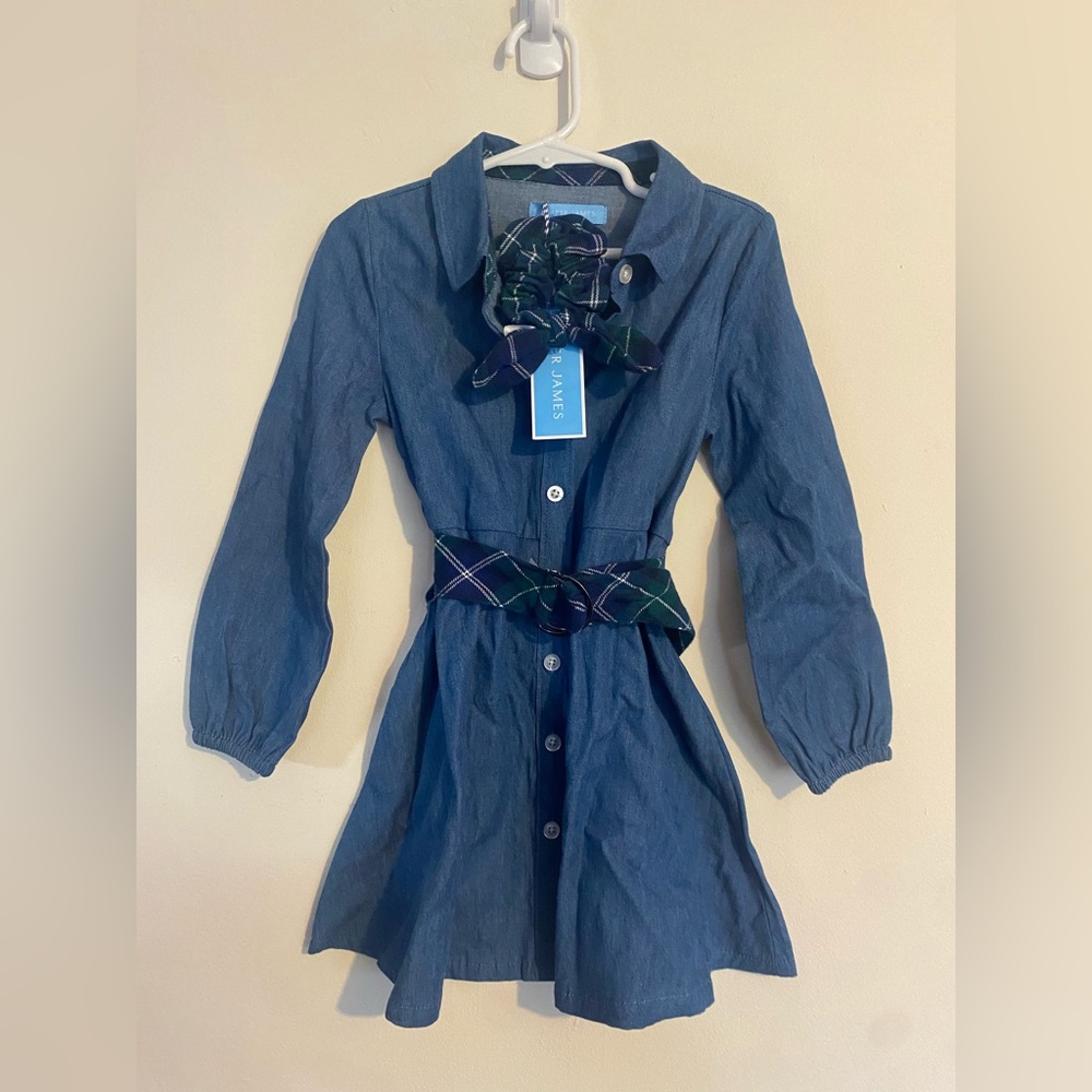 Draper James New Denim dress & scrunchie set plaid belt kids size 4 long sleeve